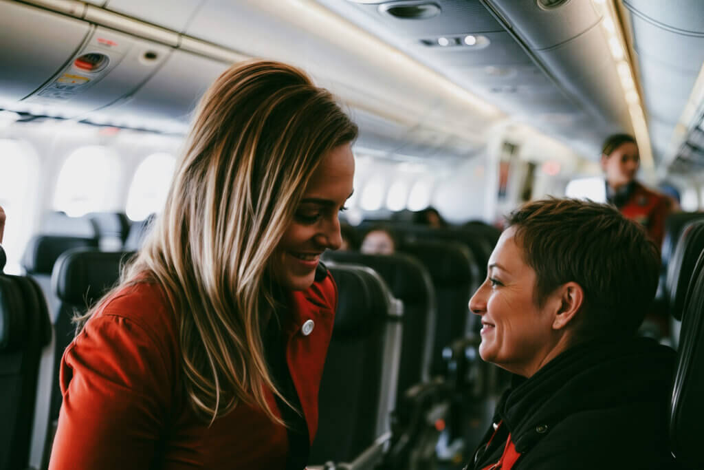 flight attendant assisting a passenger in a wheelchair inside th - Midas Travel Management Vulnerable travellers assisted by TMS