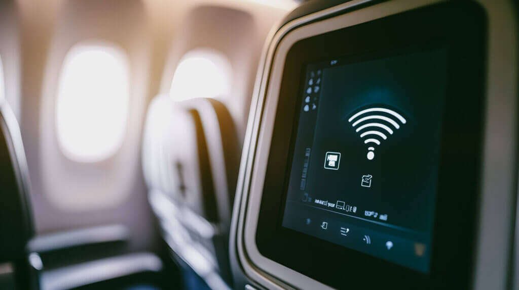 Digital Connectivity Displayed on Inflight Screen Representing A - Midas Travel Management Travel savings can be made with better ancillary management