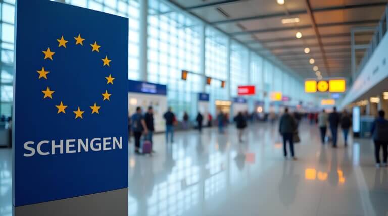 Schengen zone sign with text Schengen with European Union emblem in airport terminal with blurred figures of travelers in the background - Midas Travel Management UK nationals travelling to the Schengen area