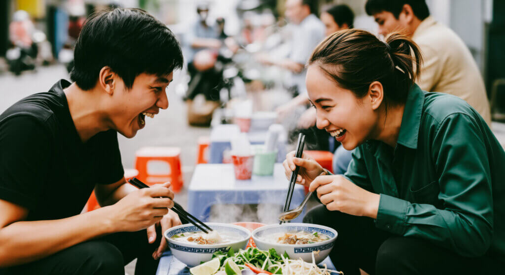 A happy young Asian couple laughing and enjoying a meal of hot s - Midas Travel Management Eating out on leisure and business travel trips