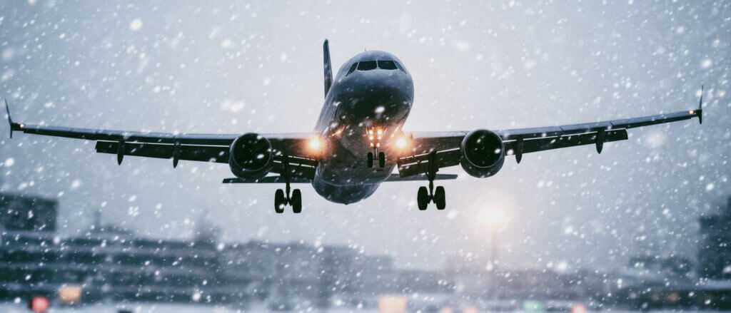 A commercial airplane in flight during a heavy snowstorm - Midas Travel Management Business Travel can be disrupted in the festive season due to adverse weather conditions